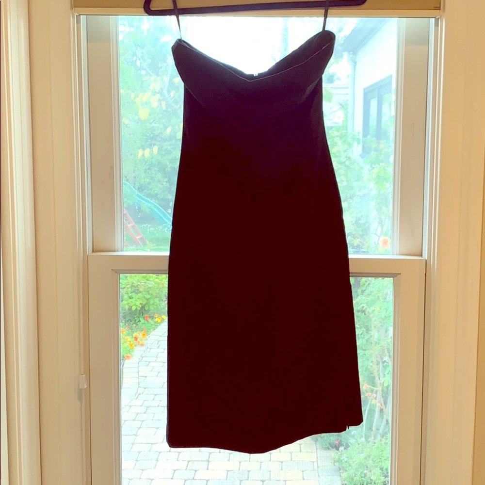 Black strapless tuxedo side stripe cocktail dress